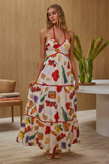 Asiah Gathered Bust Halterneck Maxi Dress Print White