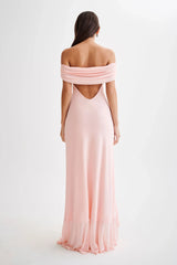 Audrey Off Shoulder Mesh Maxi Dress - Pale Pink