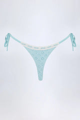 Broderie Anglaise Side-Tie Thong Bikini Bottoms in Powder Blue