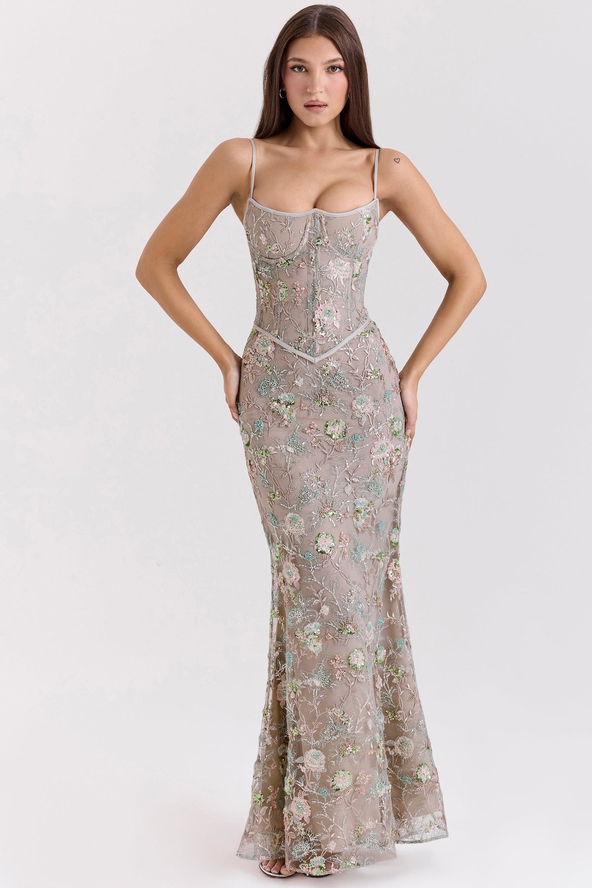 silver embellished beaded corset maxi dress