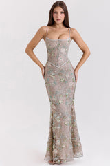 silver embellished beaded corset maxi dress