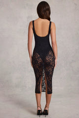 Sheer Lace Scalloped Plunge Bodysuit Midaxi Dress in Black