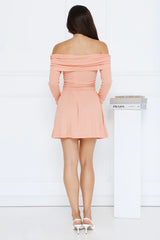 Magic In Motion Off Shoulder Mini Dress Peach