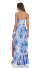Floral Ruffle Slit Strapless Corset Maxi Dress in Blue