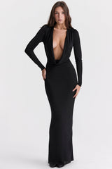 black draped maxi dress