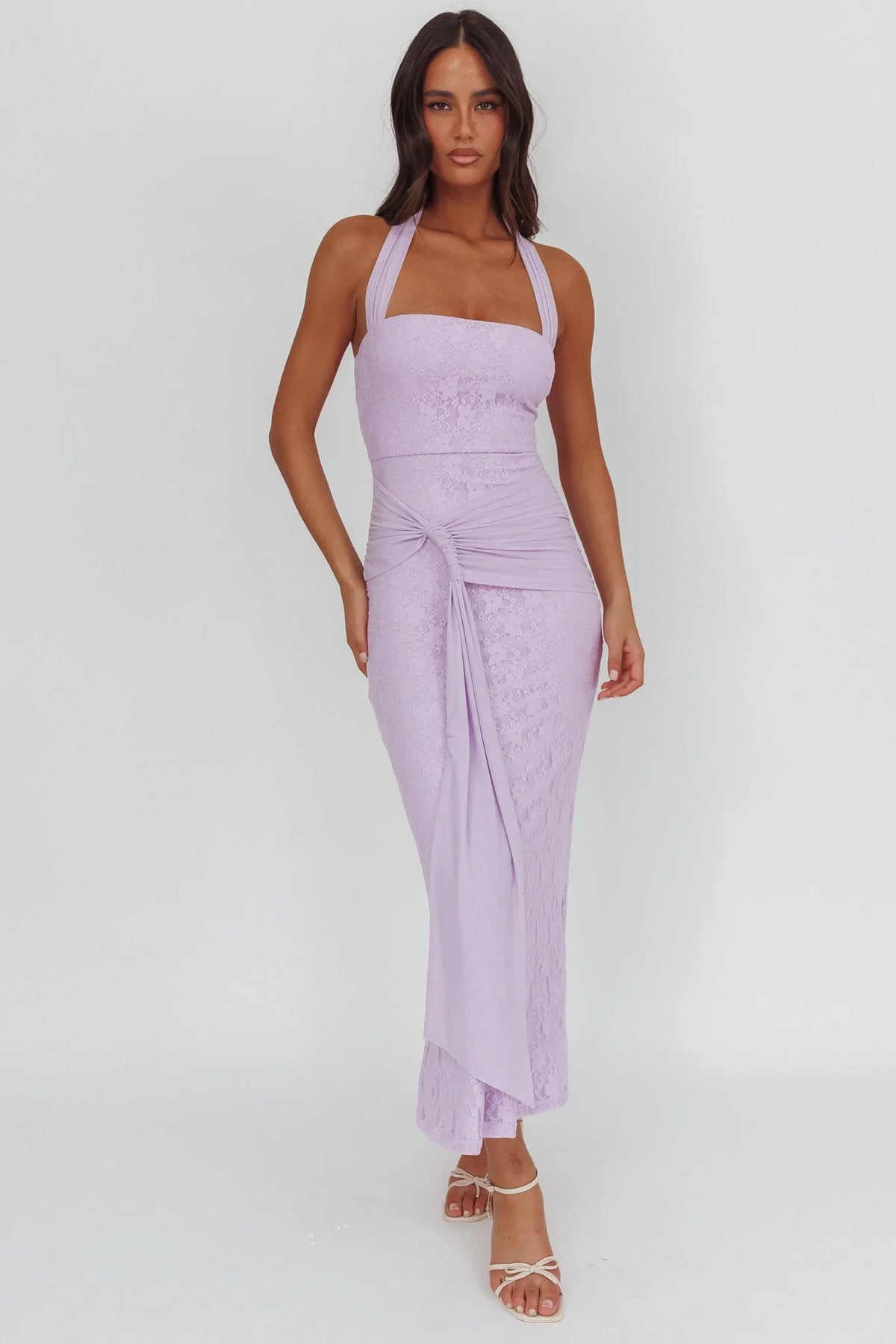 Luli Waist Sash Halter Maxi Dress Lace Lilac