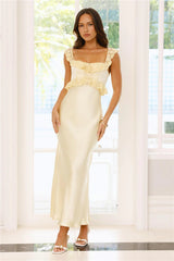 Waltzing In Romance Satin Maxi Dress Yellow