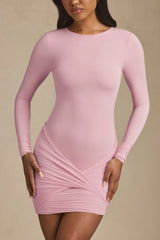 Modal Twist-Front Ruched Backless Mini Dress in Soft Pink
