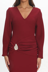 Briona Long Sleeve Buckle Maxi Dress Burgundy
