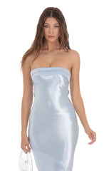 Strapless Satin Open Back Maxi Dress in Light Blue