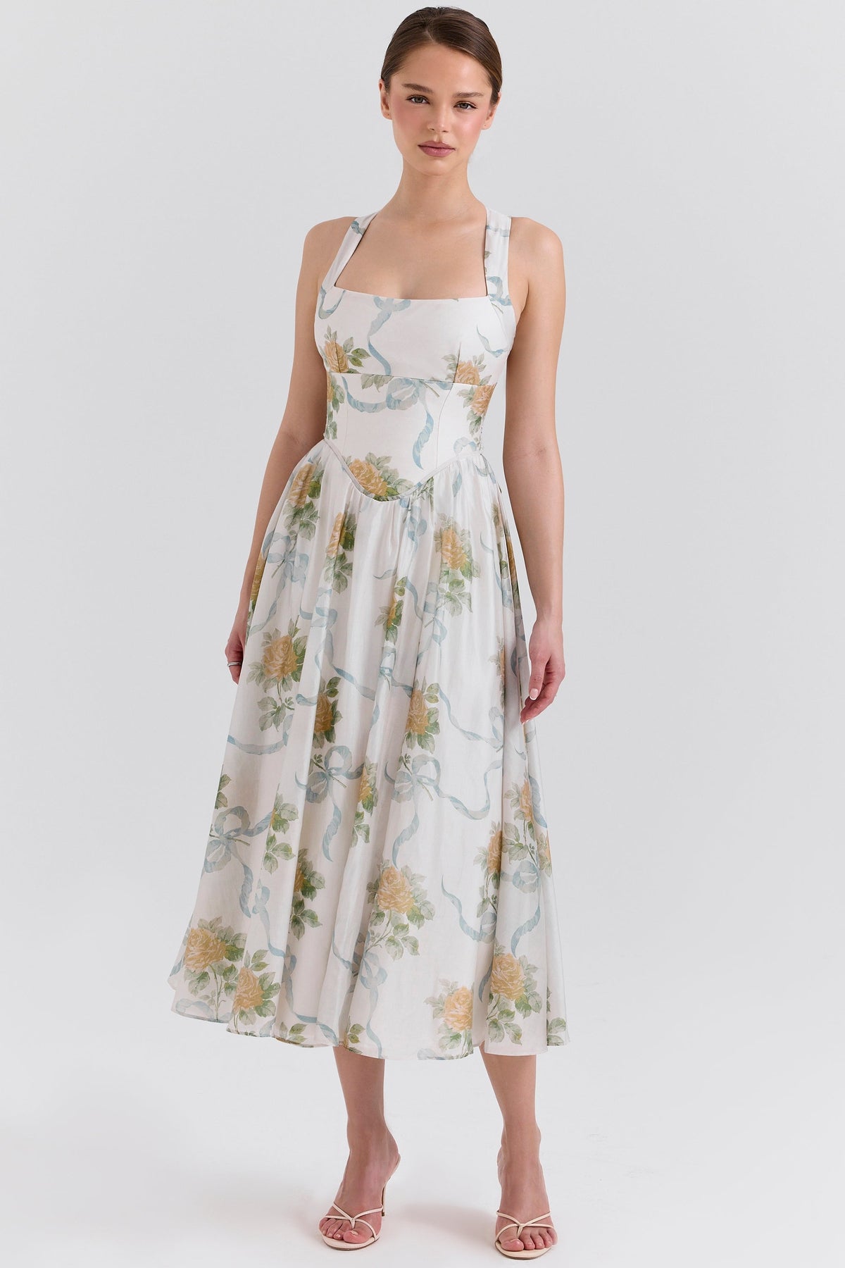 soft blue vintage ribbon print chiffon midi dress