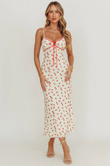 Heart Ablaze Strawberry Cherry Print Midi Dress Cream