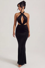 Velvet Halter Neck Maxi Dress in Jet Black