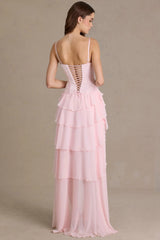 Premium Embellished Cowl-Neck Corset Gown in Baby Pink