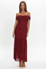 La Salle Off Shoulder Mesh Maxi Dress Wine