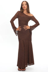 Lylah Asymmetric Neckline Long Sleeve Maxi Dress Lace Chocolate