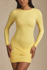 Twist-Front Ruched Backless Mini Dress in Pastel Yellow