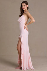Premium Chiffon Cowl-Neck Open-Back Gown in Baby Pink