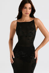 black mesh crystal embellished midi dress
