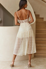 Daytona Lace Overlay Padded Bust Midi Dress Beige