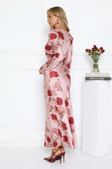 Scent Of Roses Long Sleeve Satin Maxi Dress Pink