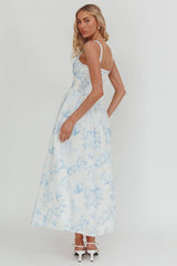El Corazon Smocked Neckline Maxi Dress Print Blue