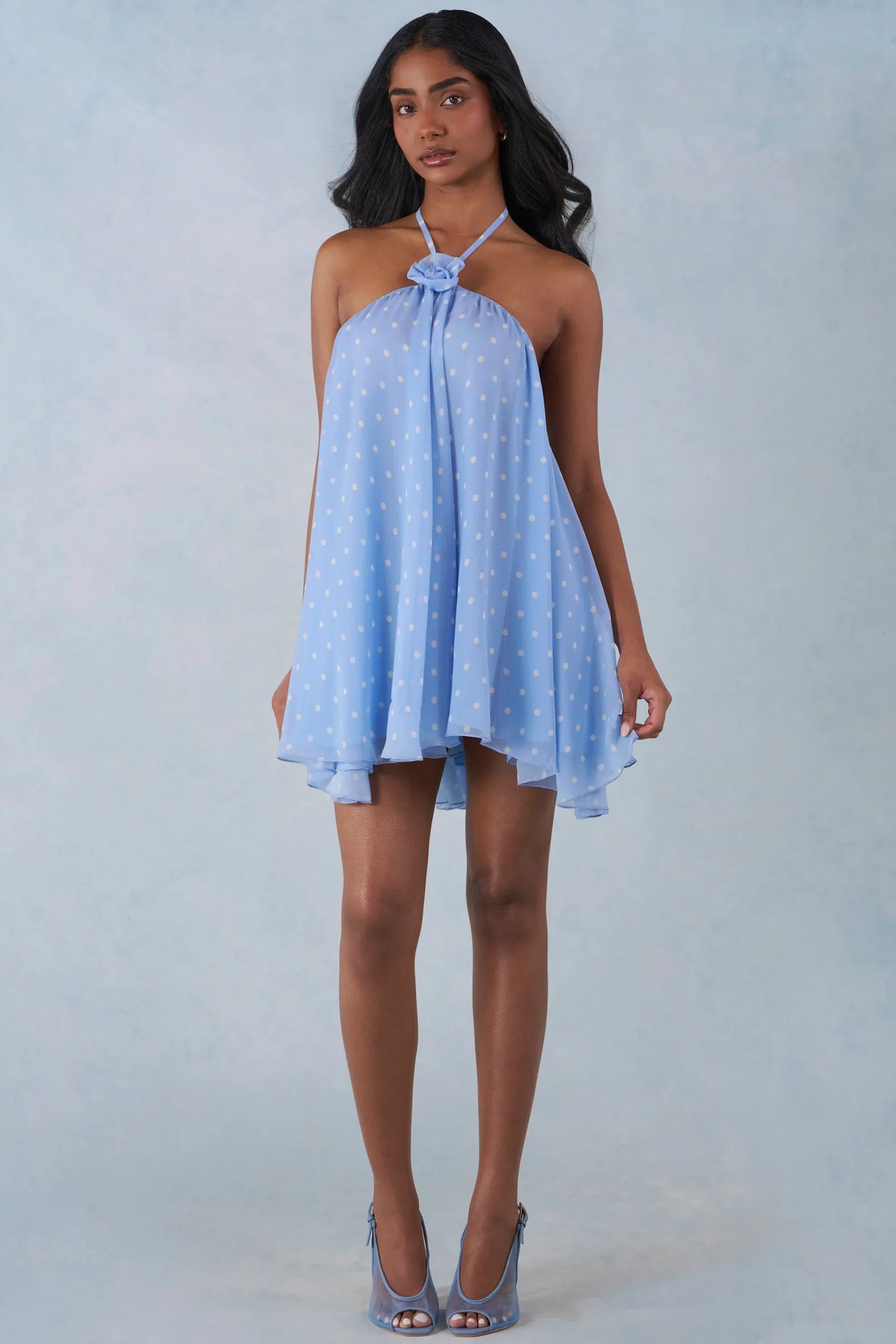 Halterneck Babydoll Mini Dress in Blue Polka Dot Print