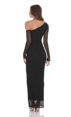 Off Shoulder Rhinestone Maxi Dress in Black