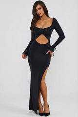 Ruffle-Trim Cut-Out Maxi Dress in Black