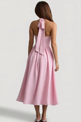 Button-Detail Halterneck Midaxi Dress in Soft Pink