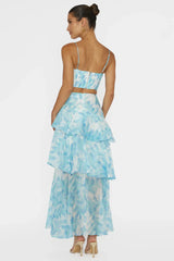 Veda Tiered Ruffle Maxi Skirt Floral Blue