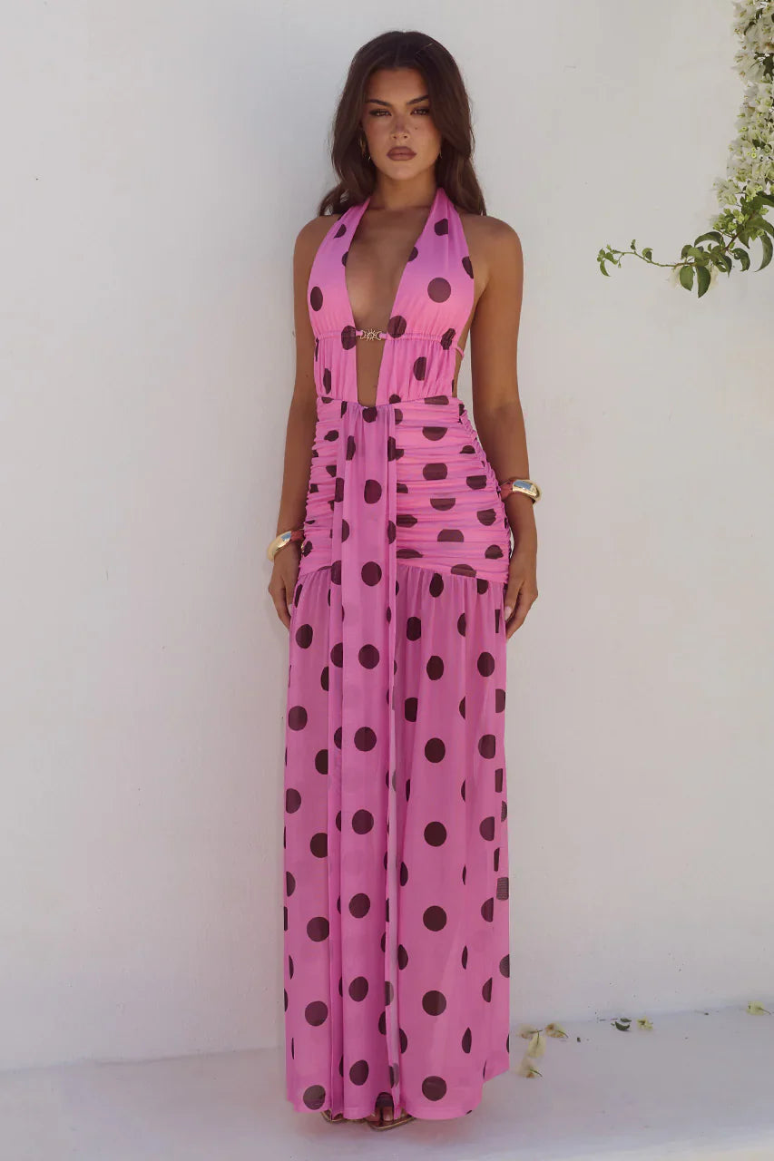 ADRIANNA PLUNGE RUCHED MAXI DRESS - MUSK/CHOC POLKA