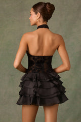 Embellished Ruffled Halterneck Mini Dress in Black