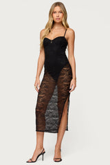 Sheer Lace Built In Bodysuit Midi Dress