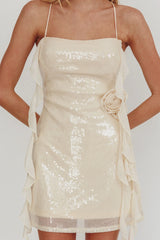 Standing Out Ruffle Rosette Trim Sequin Mini Dress Champagne
