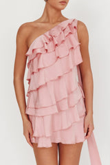 Arrabel Tiered Ruffle One Shoulder Mini Dress Pink
