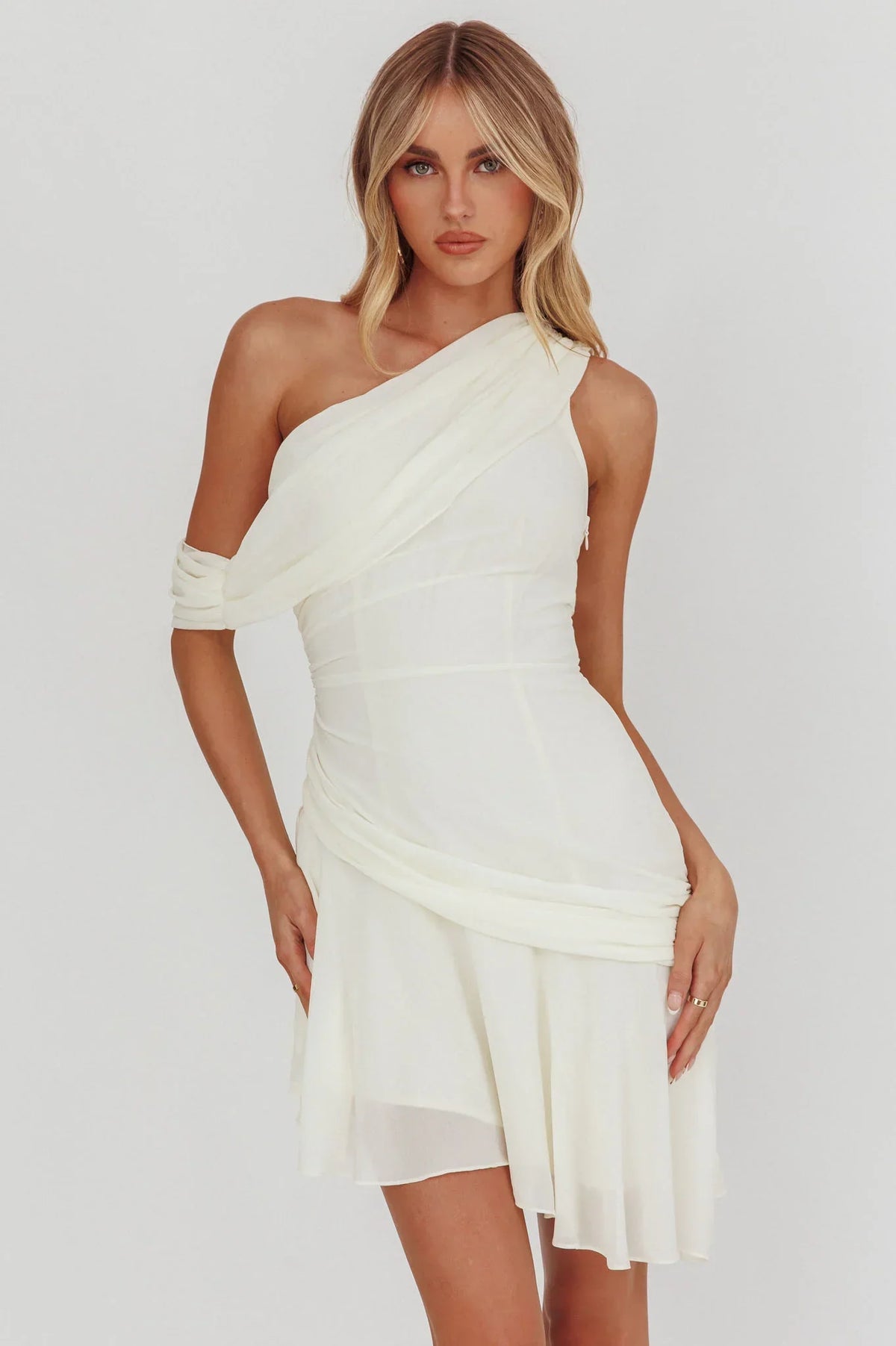 Anaisa One-Shoulder Draped Mini Dress Cream