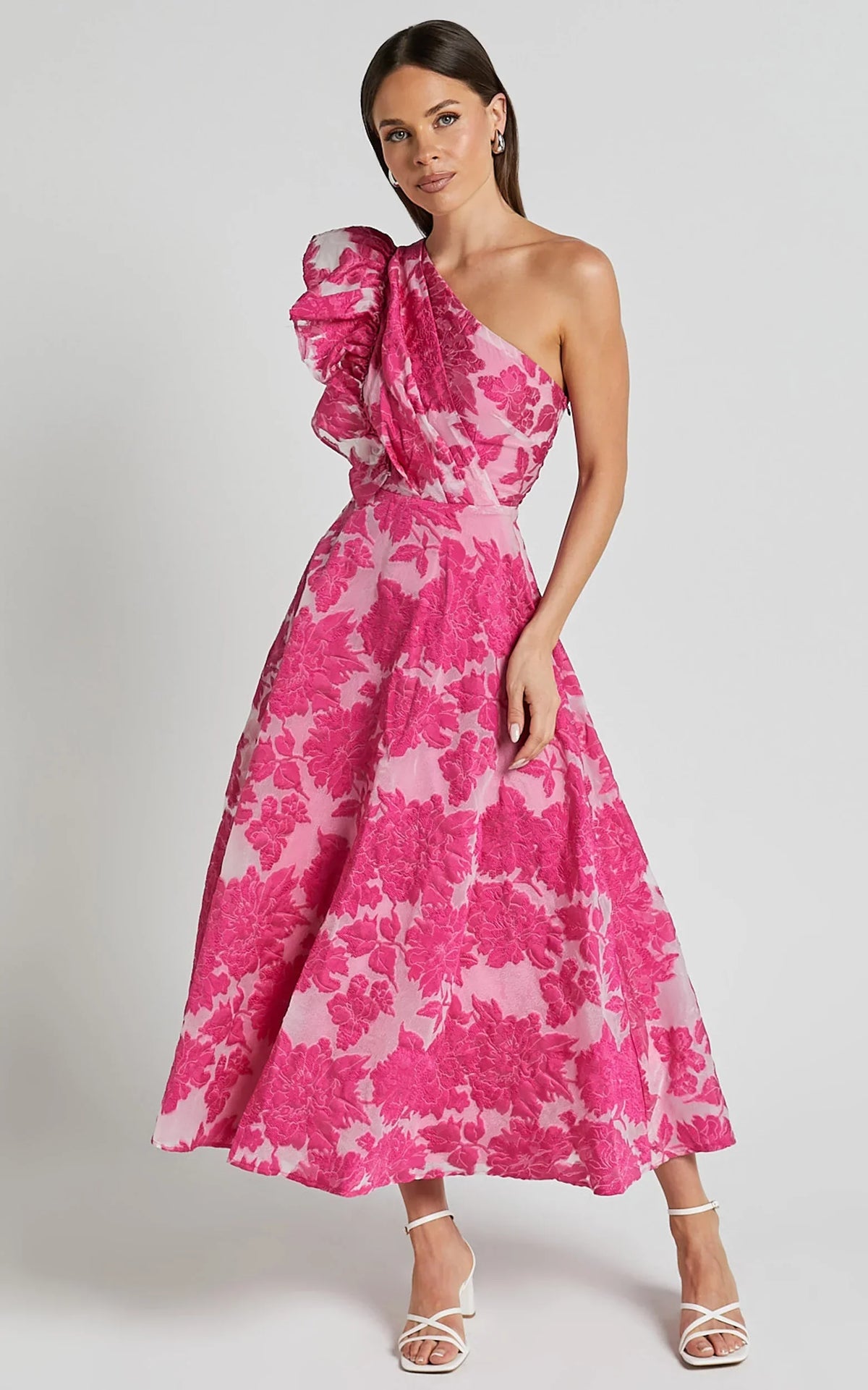 Alfreda Midi Dress One Shoulder Ruffle Detail Brailey Jacquard Dress in Pink