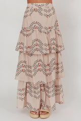 Ezmeralda Tiered Ruffle Maxi Skirt Floral Beige