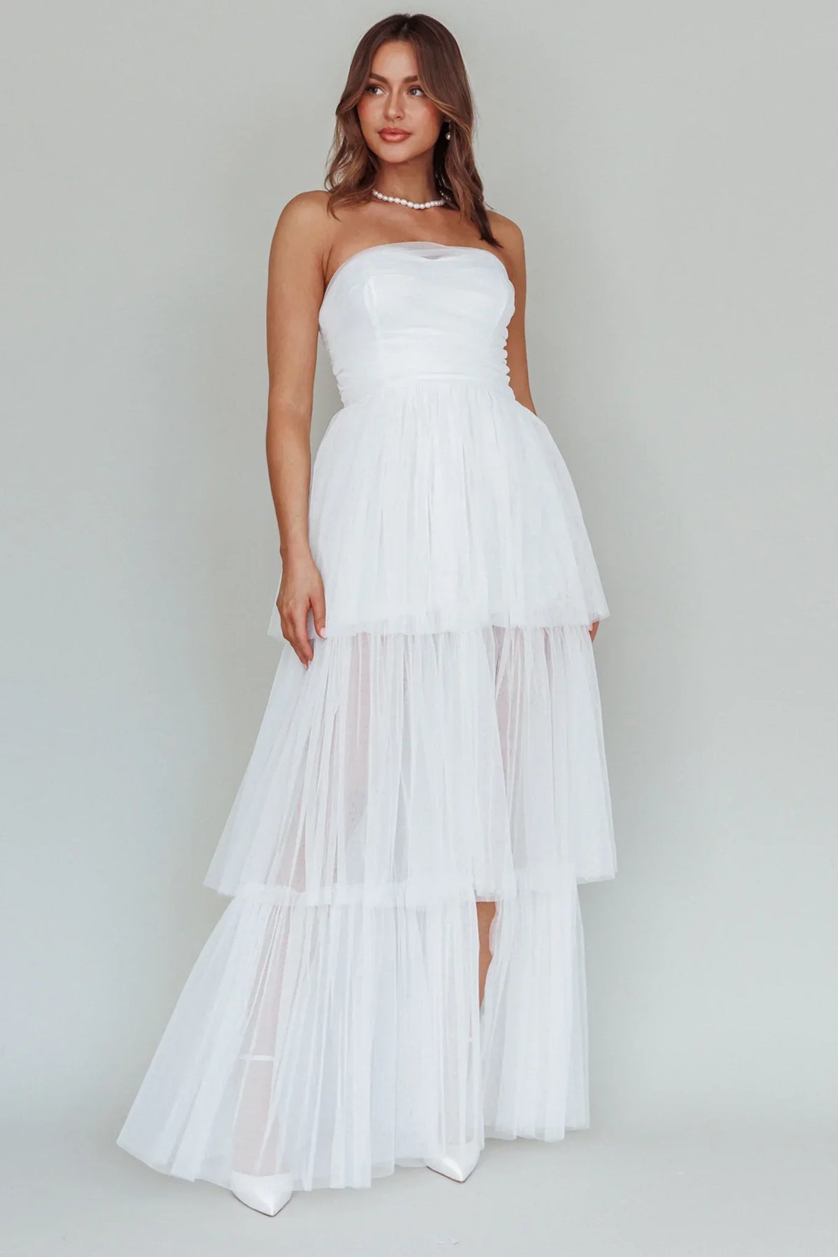 Haeven Tiered Strapless Maxi Dress White