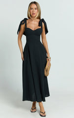 Tymia Midi Dress Shoulder Tie Bustier Shirred Back A Line in Black