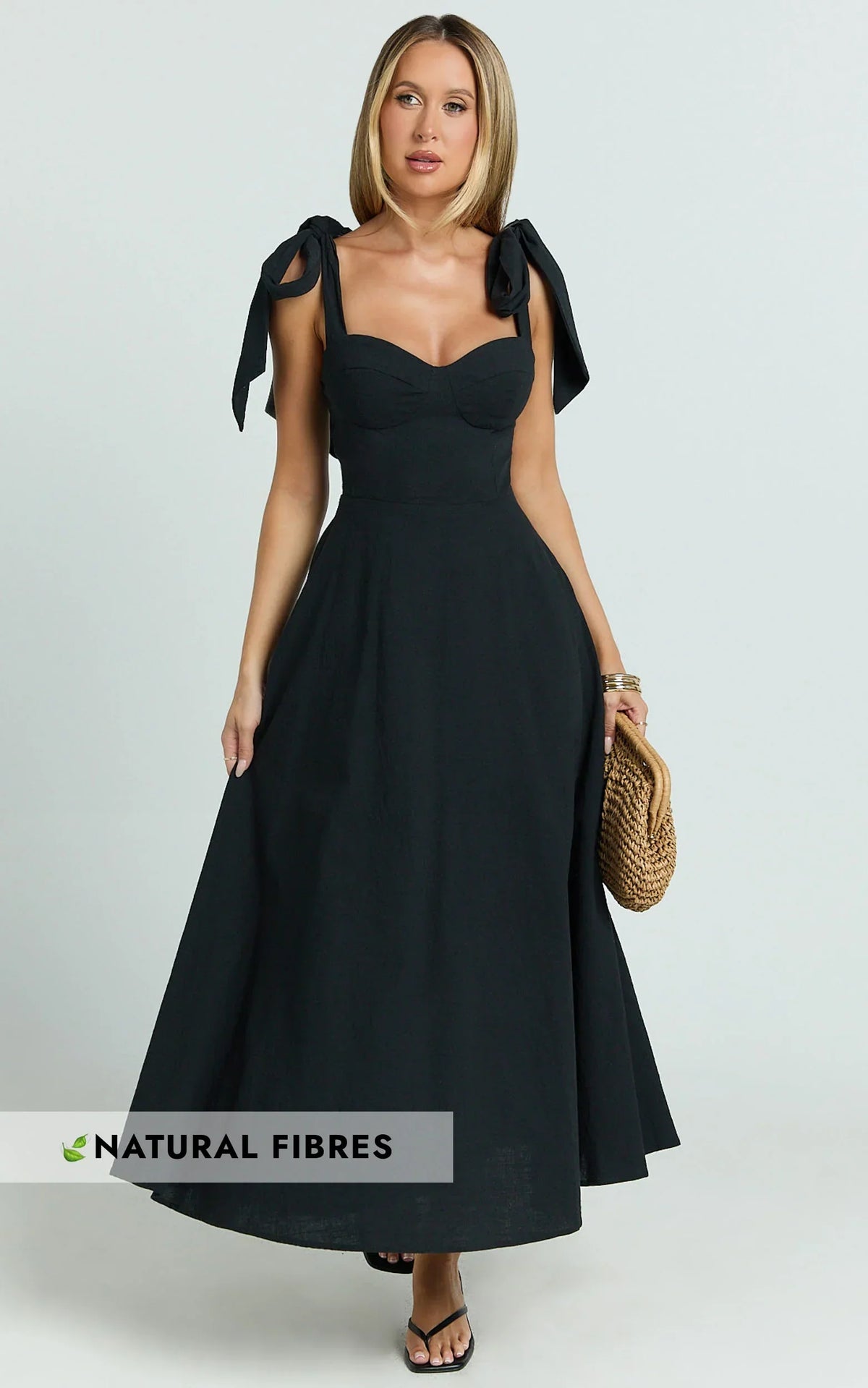 Tymia Midi Dress Shoulder Tie Bustier Shirred Back A Line in Black