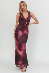 Live Loud Ruffle Halterneck Maxi Dress Print Brown