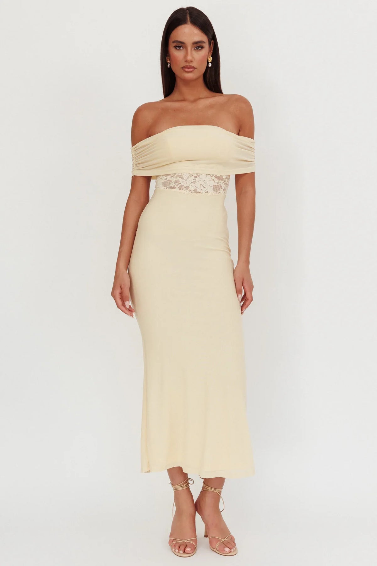 Flutters Off-Shoulder Lace Insert Maxi Dress Cream