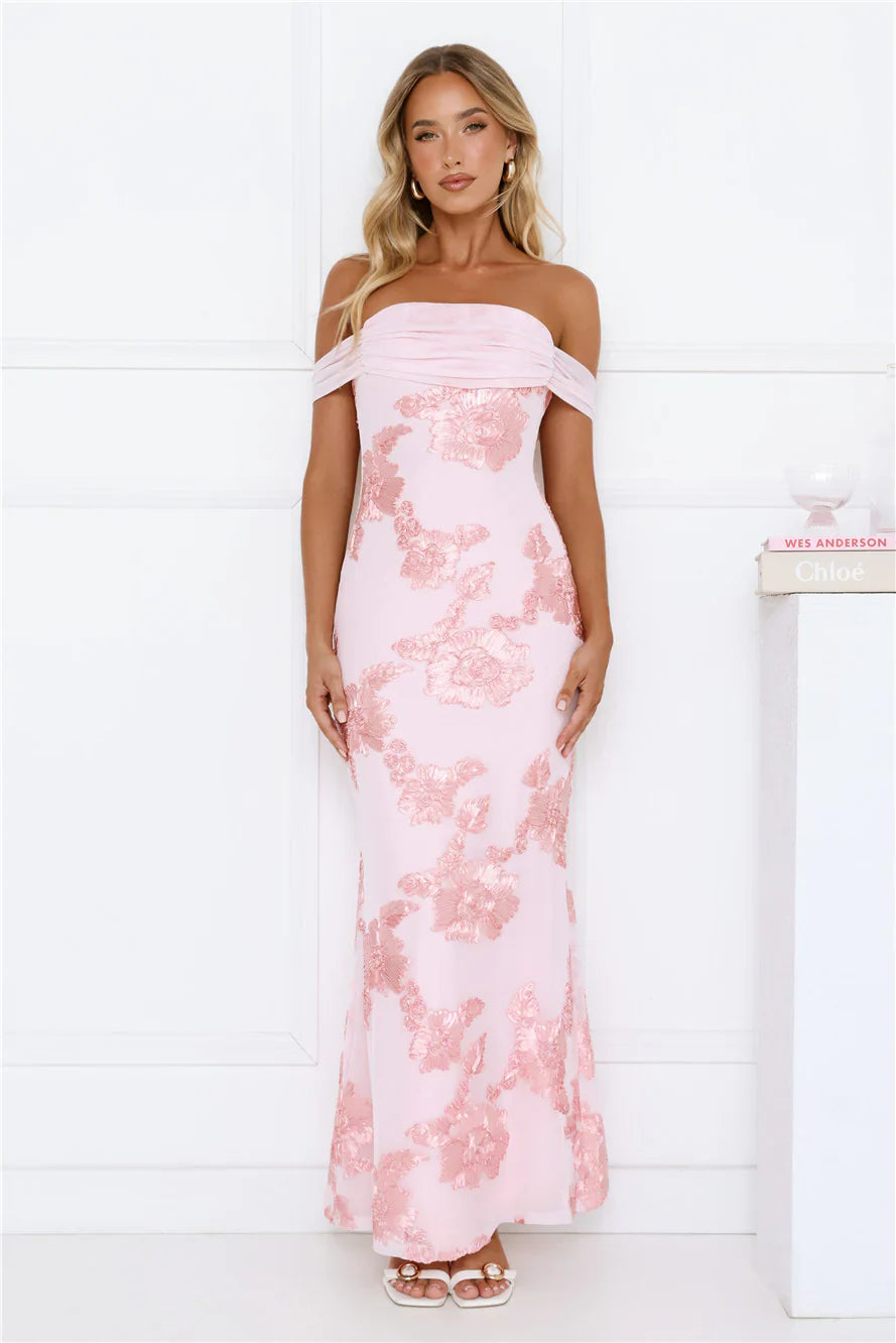 Lush Bloom Embroidered Off Shoulder Maxi Dress Pink