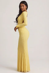 Ruched Backless Lace Maxi Dress in Pastel Yellow