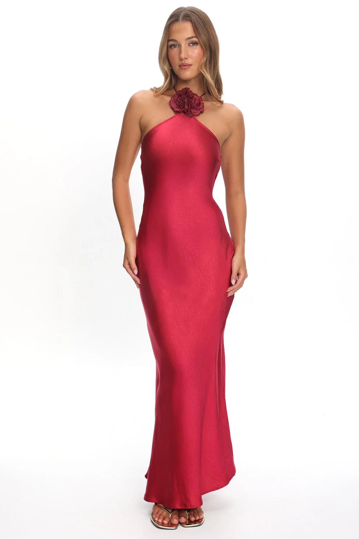 High Roller Flower Decoration Halter Dress Wine