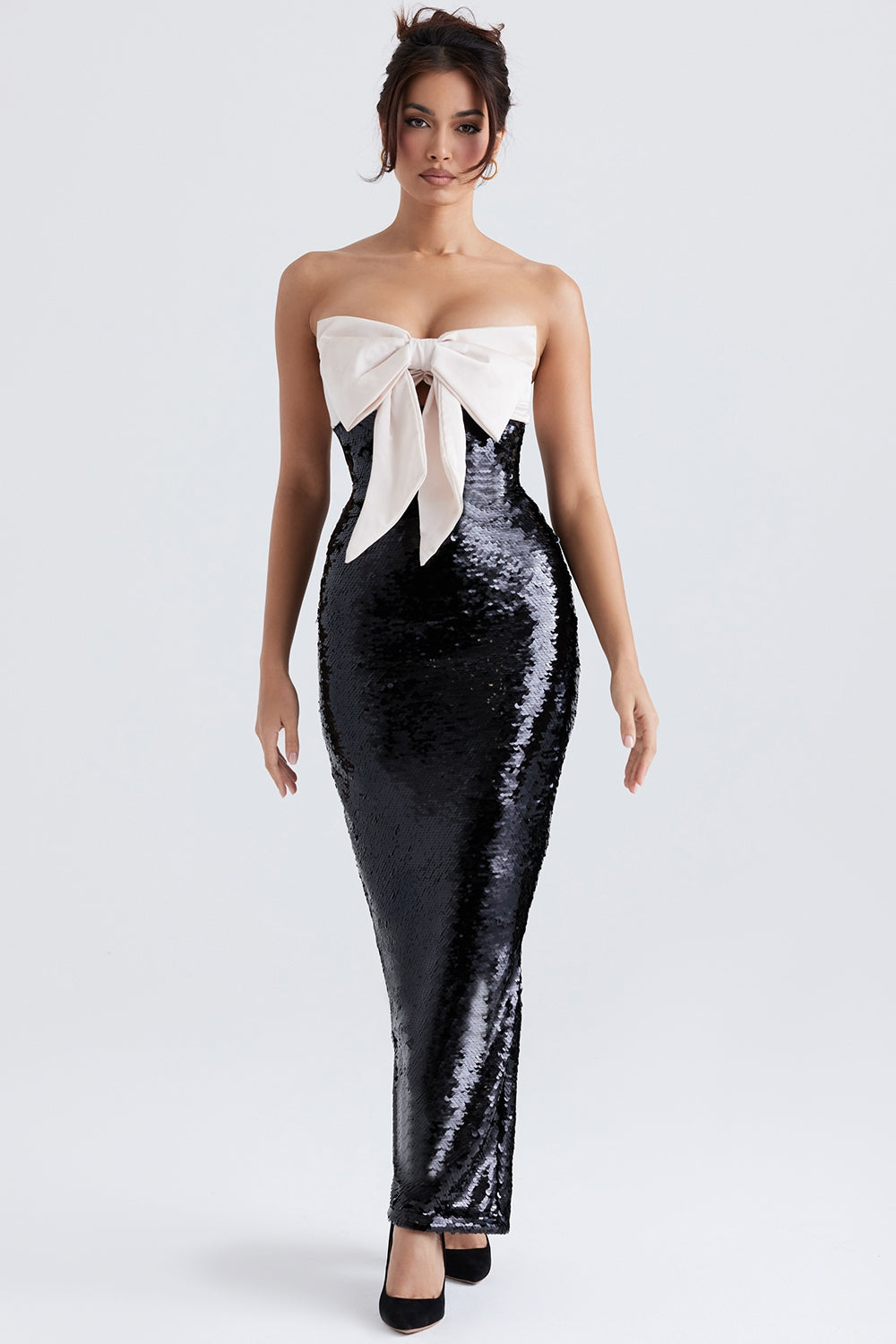 black sequin strapless bow dress
