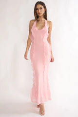 Collins Halter Ruffle Trim Maxi Dress Pink