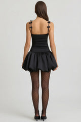 Bow-Detail Ruched Bubble Hem Mini Dress in Black